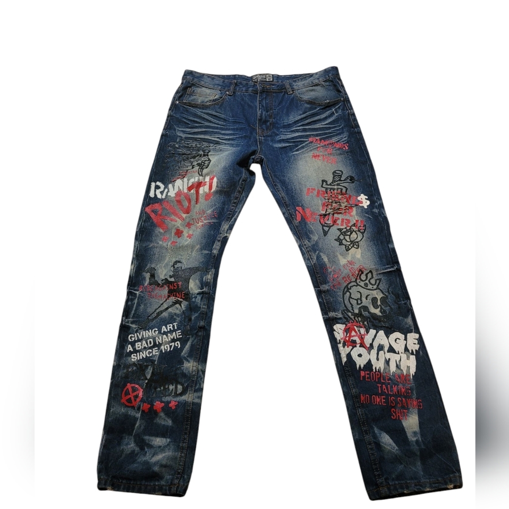 Distressed Blue Straight Jeans with Red Graphic Print New